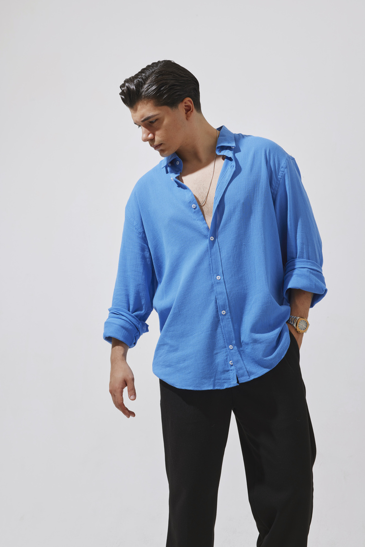 Babylon Oversize Keten Gömlek - Blue