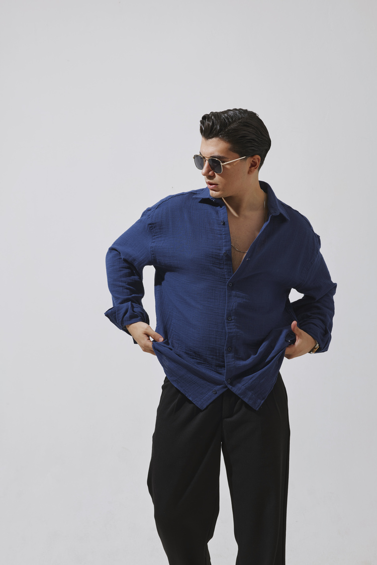 Babylon Oversize Müslin Gömlek - Navy Blue