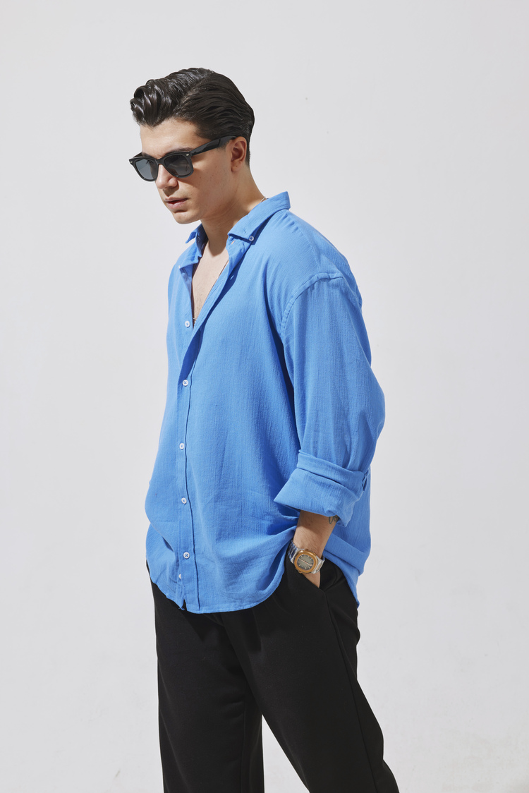 Babylon Oversize Keten Gömlek - Blue