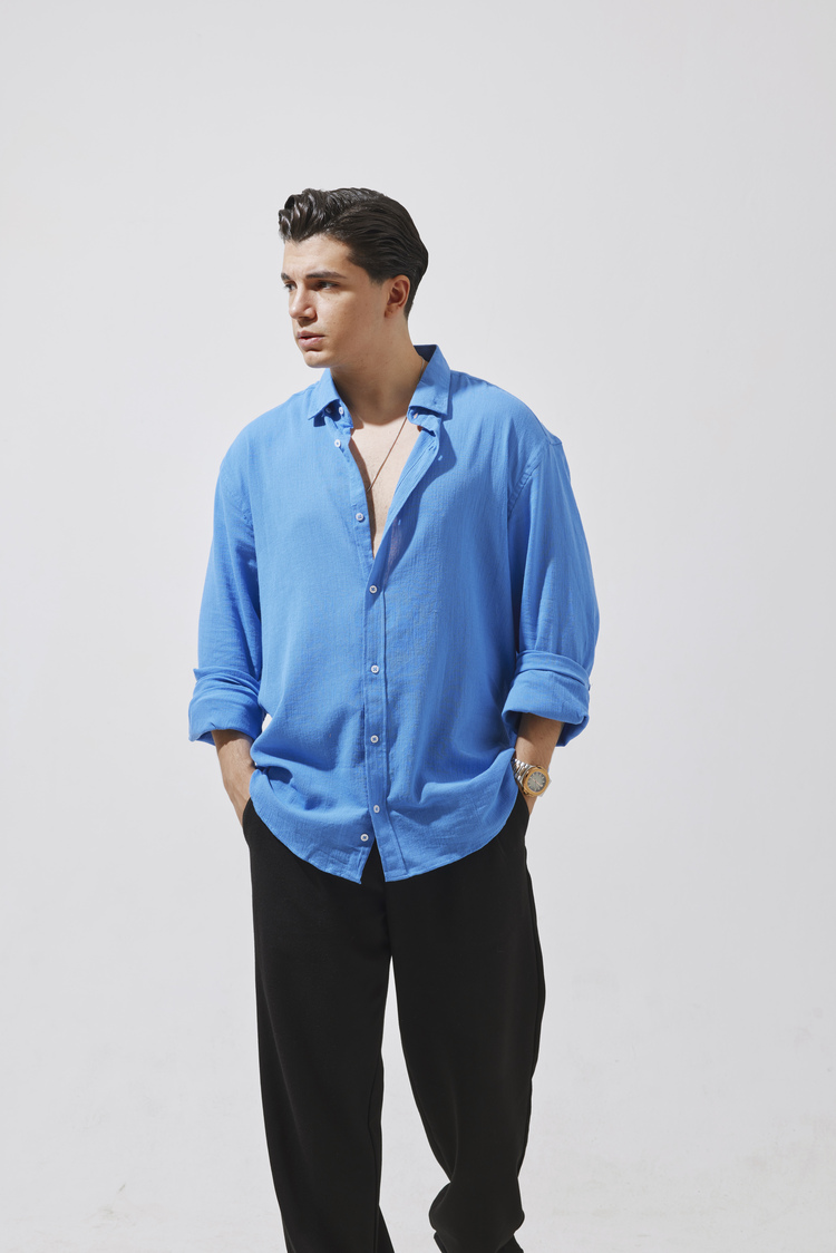 Babylon Oversize Keten Gömlek - Blue