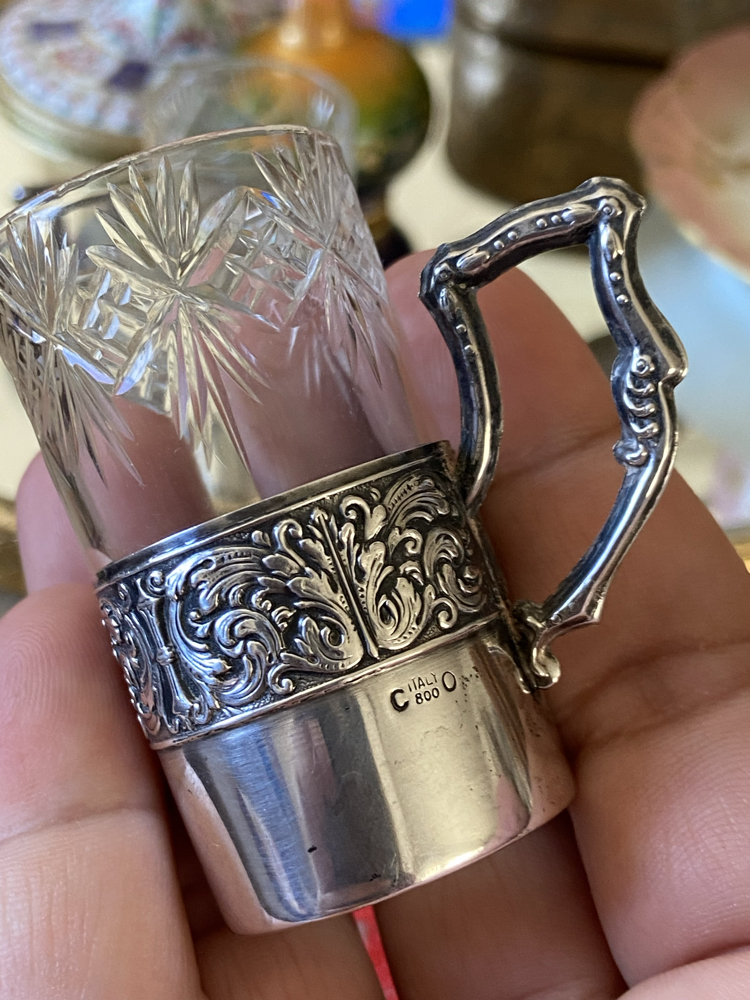 İtalyan 800 Ayar Gümüş Zarflı El Kesim Kristal Likör Kadehi