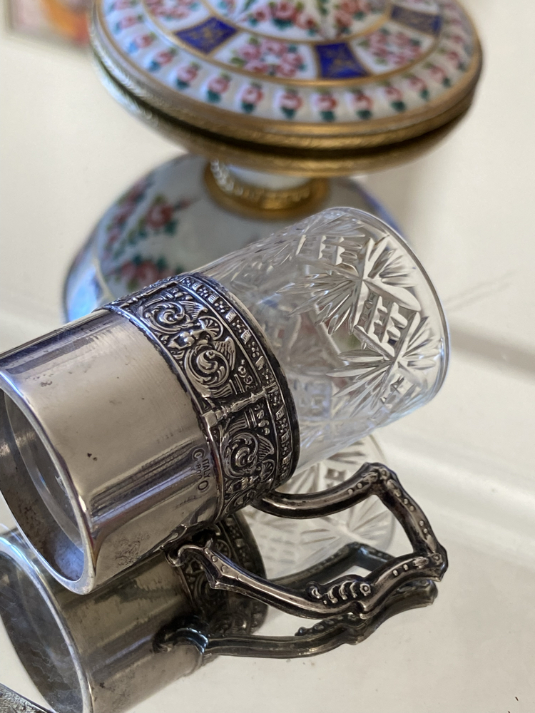 İtalyan 800 Ayar Gümüş Zarflı El Kesim Kristal Likör Kadehi