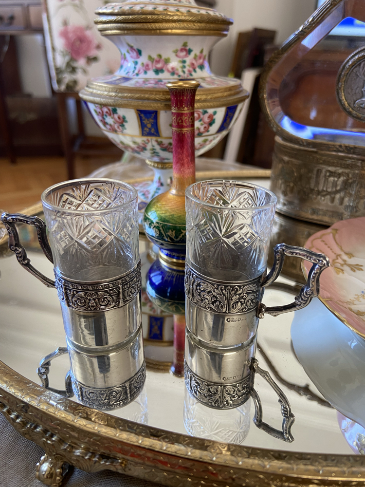 İtalyan 800 Ayar Gümüş Zarflı El Kesim Kristal Likör Kadehi