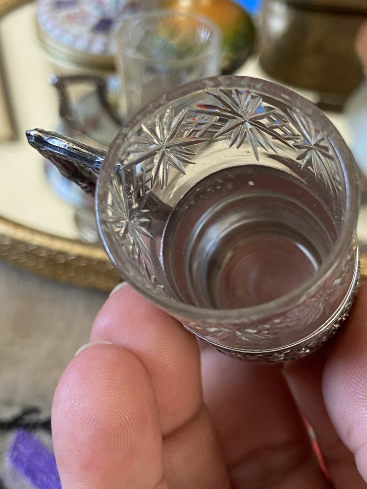 İtalyan 800 Ayar Gümüş Zarflı El Kesim Kristal Likör Kadehi
