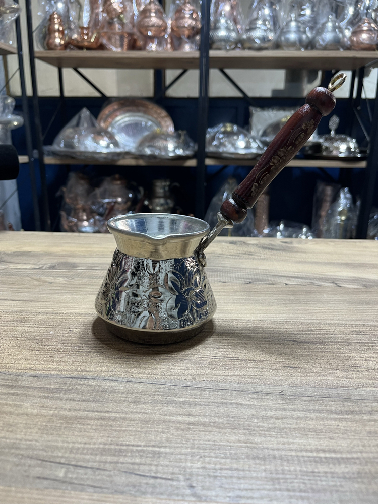 Kabartma Nakışlı Nikelli Bakır Cezve No:2
