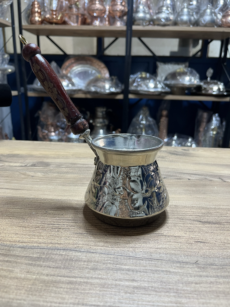 Kabartma Nakışlı Nikelli Bakır Cezve No:2