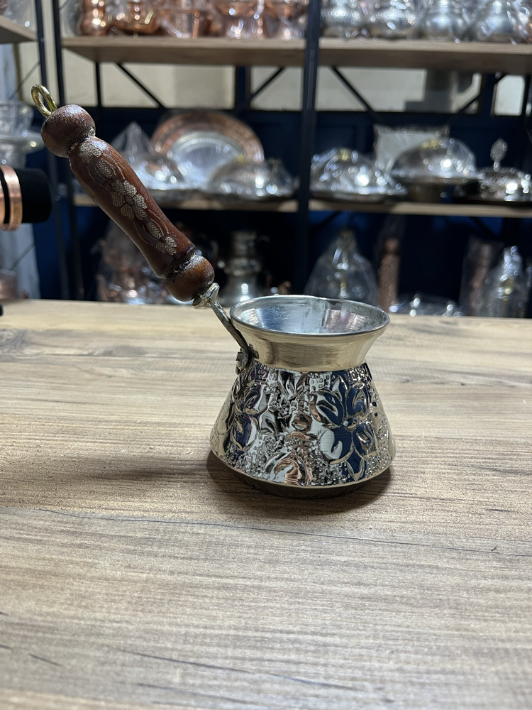Kabartma Nakışlı Nikelli Bakır Cezve No:1