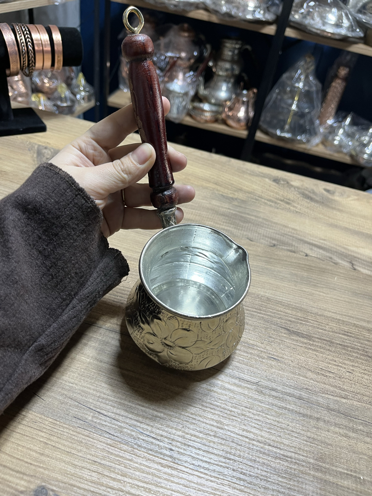Kabartma Nakışlı Nikelli Bakır Cezve No:2
