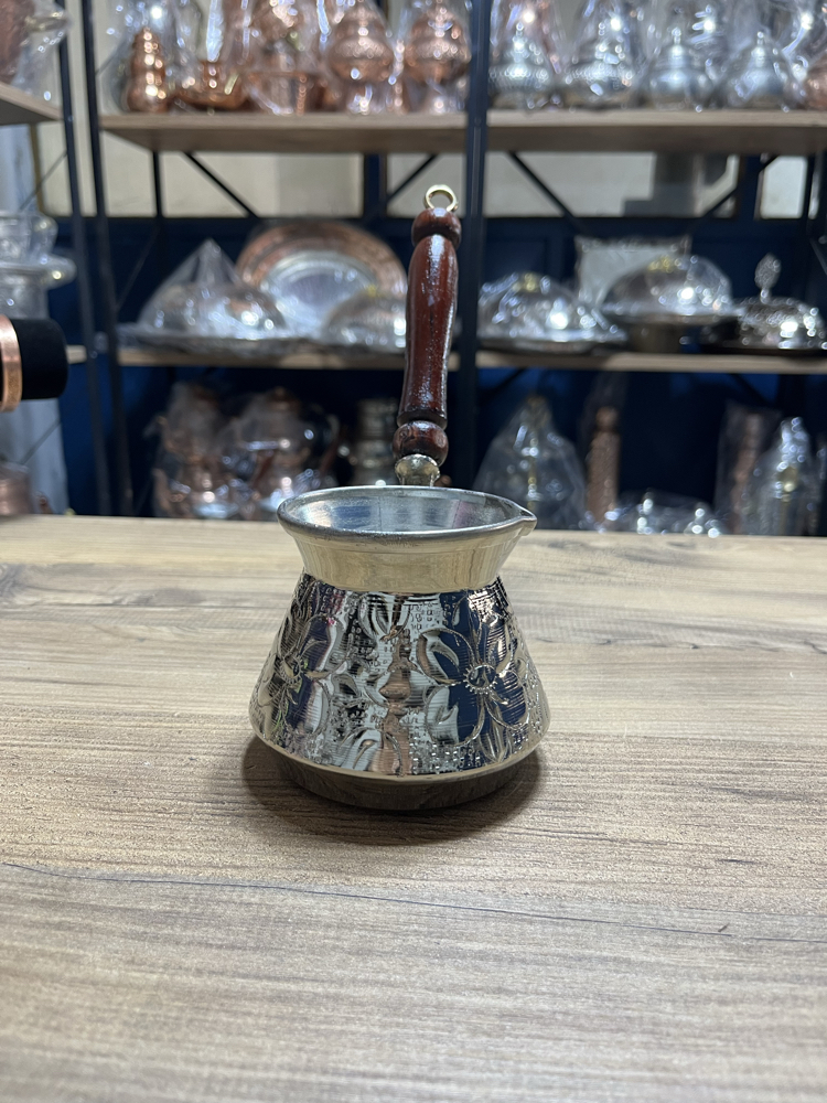 Kabartma Nakışlı Nikelli Bakır Cezve No:2