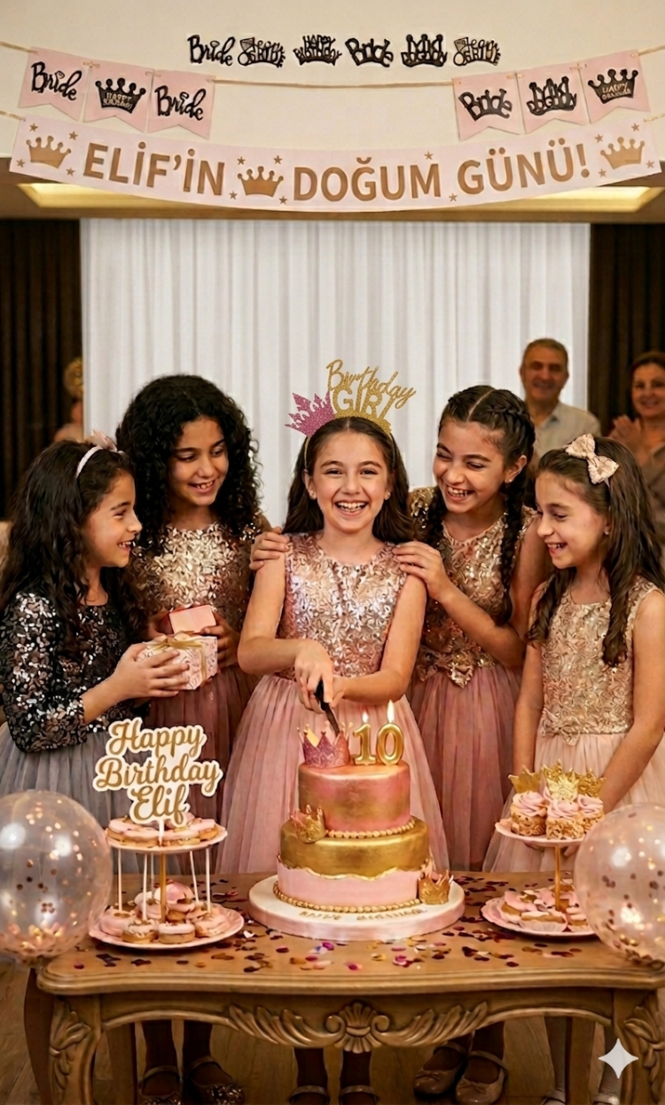 Birthday girl tasarımlı pembe simli altın taçlı model