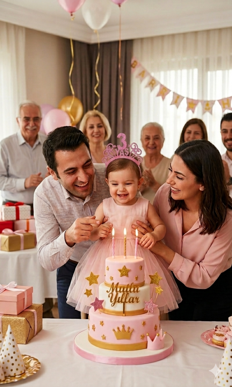 3 yaş tasarımlı pembe simli taç