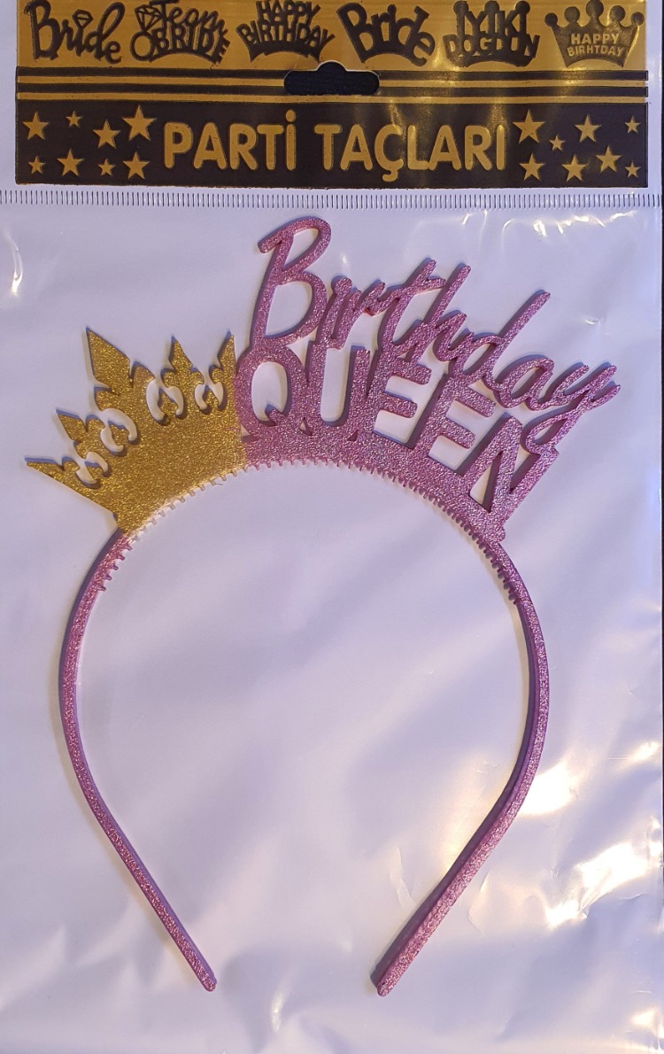 Birthday queen tasarımlı pembe simli altın taçlı model
