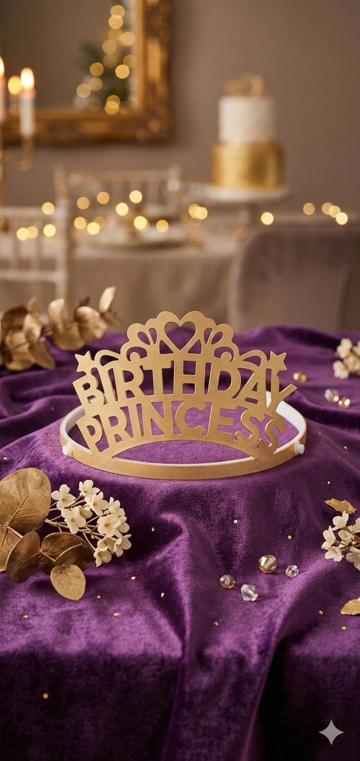 Birthday princess yatay model simli altın taç