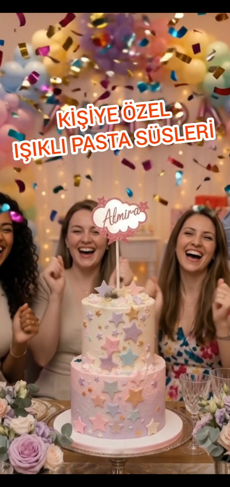 Kişiye özel isim yazılı ışıklı pasta süsü 