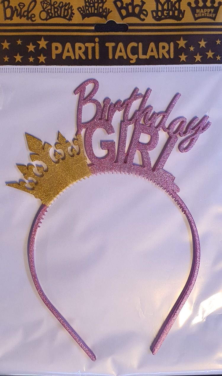 Birthday girl tasarımlı pembe simli altın taçlı model