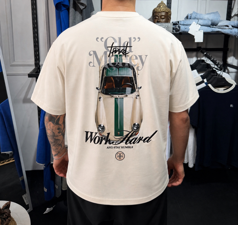 Old Money “Work Hard” Yarı Oversize T-Shirt (Krem)