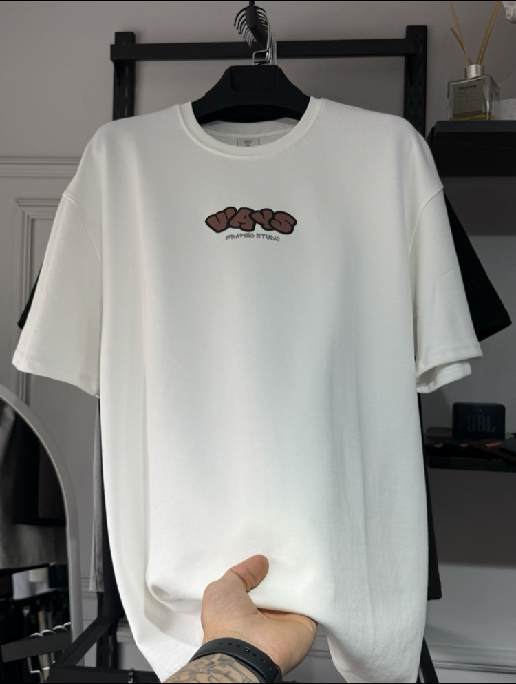 Beyaz GOOD WAYS Yarı Oversize Baskılı Erkek Tişört