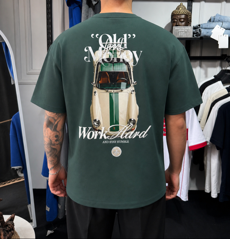 Old Money “Work Hard” Yarı Oversize T-Shirt (Yeşil)