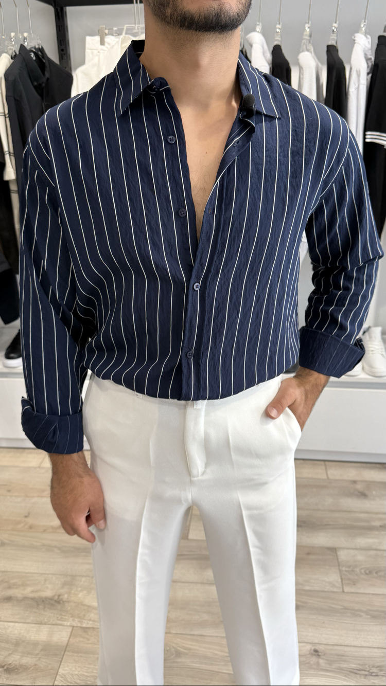 Çizgili Gömlek Oversize Lacivert