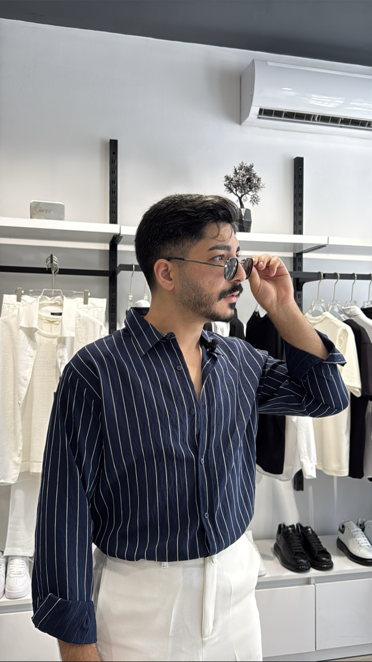 Çizgili Gömlek Oversize Lacivert