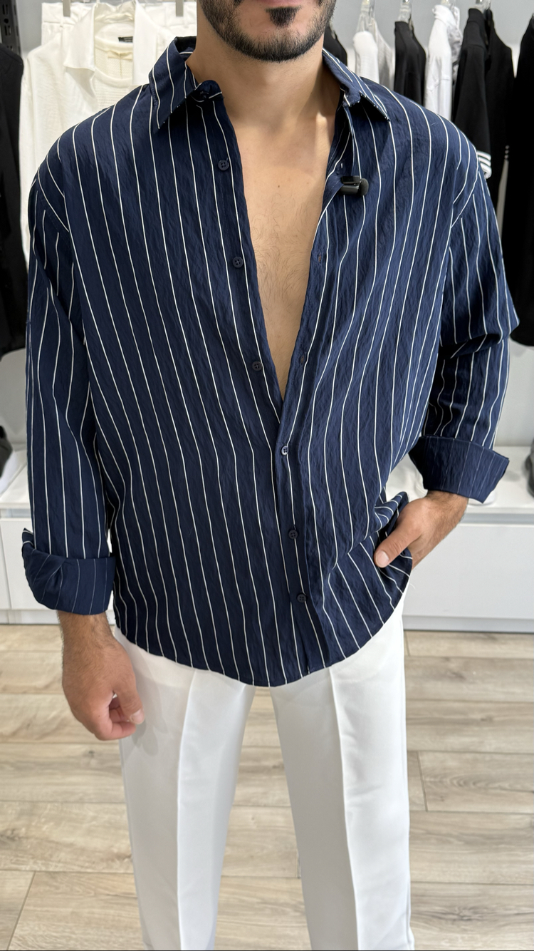 Çizgili Gömlek Oversize Lacivert