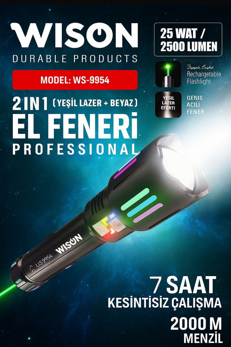 Wison Ws-9954 2 İn 1 2500 Lümen 25 Wat Profesyonel El Feneri