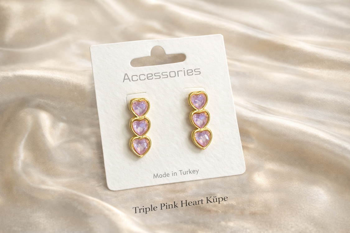 Triple Pink Heart Küpe