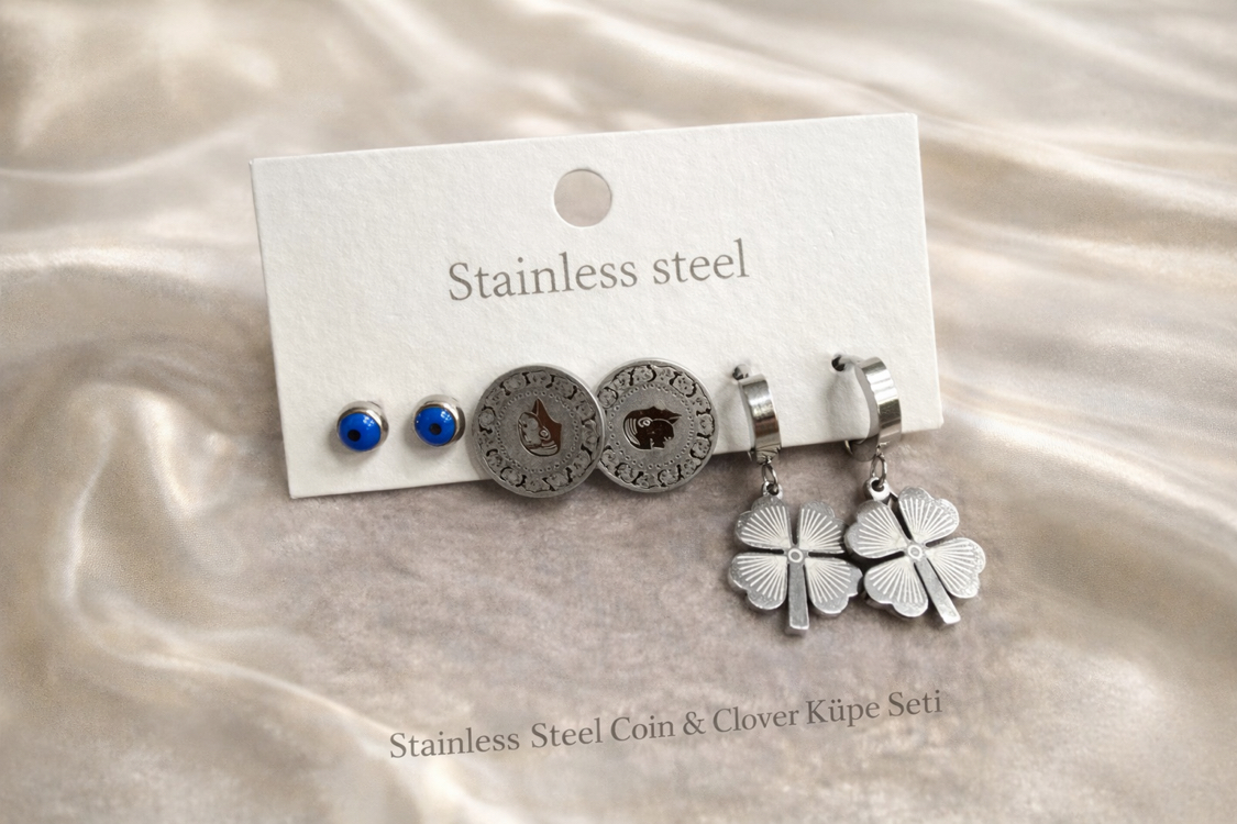 Stainless Cover & Clover Küpe Seti
