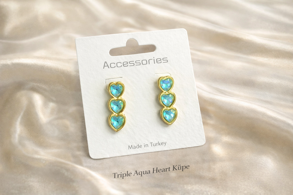 Triple Aqua Heart Küpe