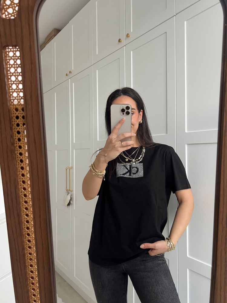 Ck Taşlı Siyah Tişört