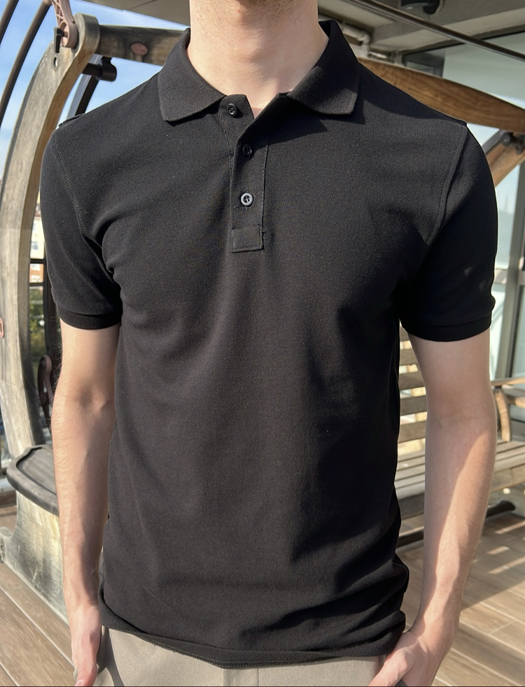 Siyah Polo Yaka - 190 GSM pike kumaş