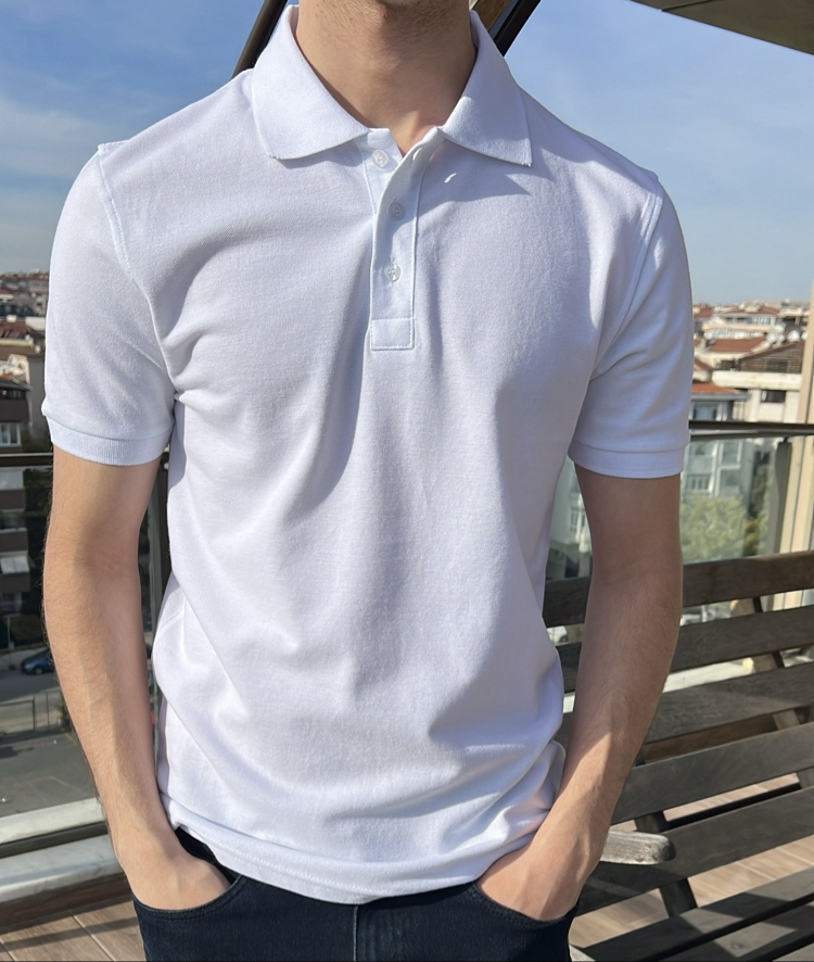 Beyaz Polo Yaka - 190 GSM pike kumaş