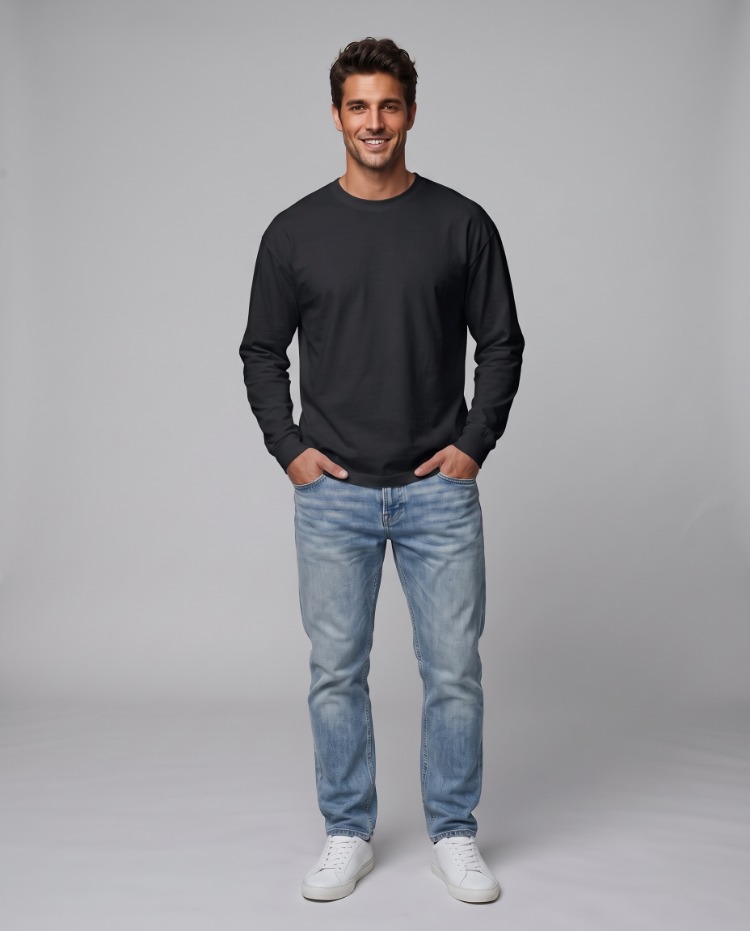 Premium Essential Siyah Yarım Oversize Uzun Kollu Tişört