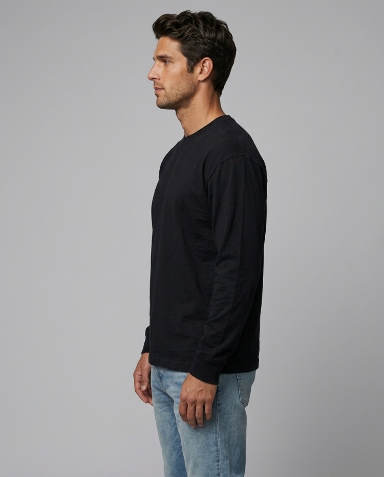 Premium Essential Siyah Yarım Oversize Uzun Kollu Tişört