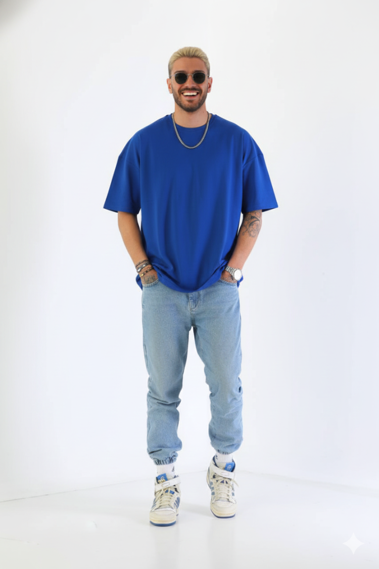 Premium Heavy Unisex Kobalt Mavi Oversize Tişört