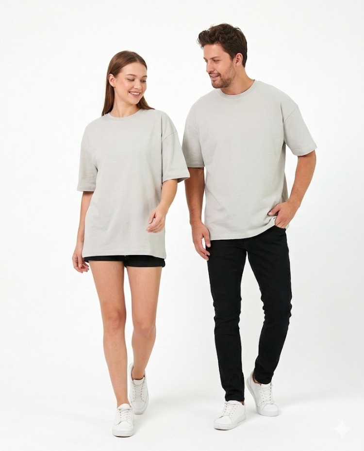 Premium Essential Unisex  Gri  Yarım Oversize Tişört