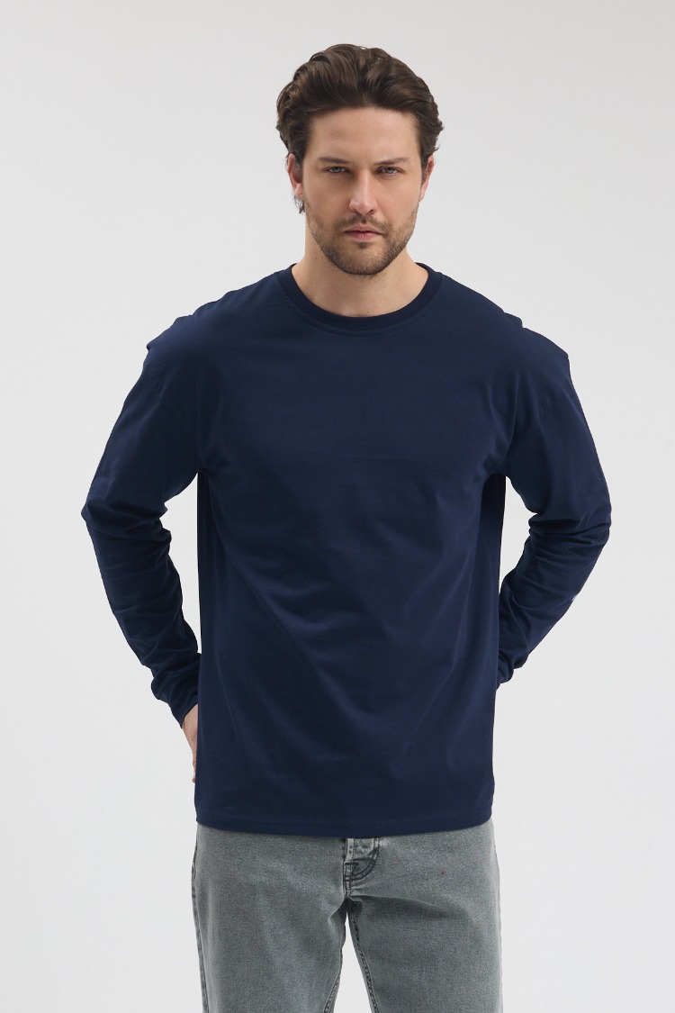 Premium Essential Lacivert Yarım Oversize Uzun Kollu Tişört