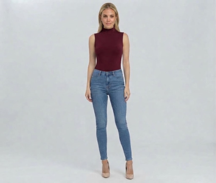 Premium Fit Dik Yaka Modal Kumaş Kolsuz Bordo Body