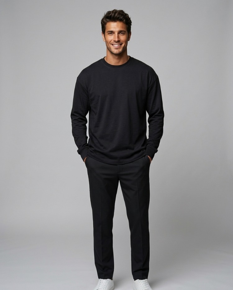 Premium Essential Siyah Yarım Oversize Uzun Kollu Tişört