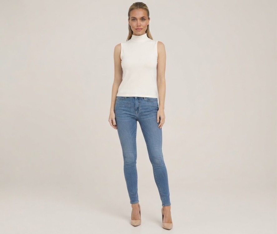 Premium Fit Dik Yaka Modal Kumaş Kolsuz Ekru Body