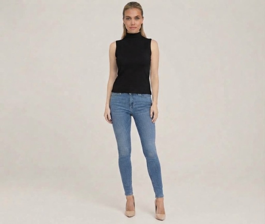 Premium Fit Dik Yaka Modal Kumaş Kolsuz Siyah Body