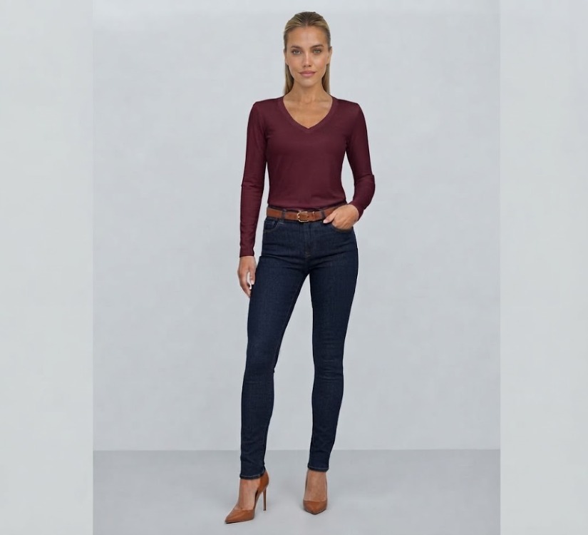 Premium Relax Fit V Yaka Uzun Kollu Tişört Bordo