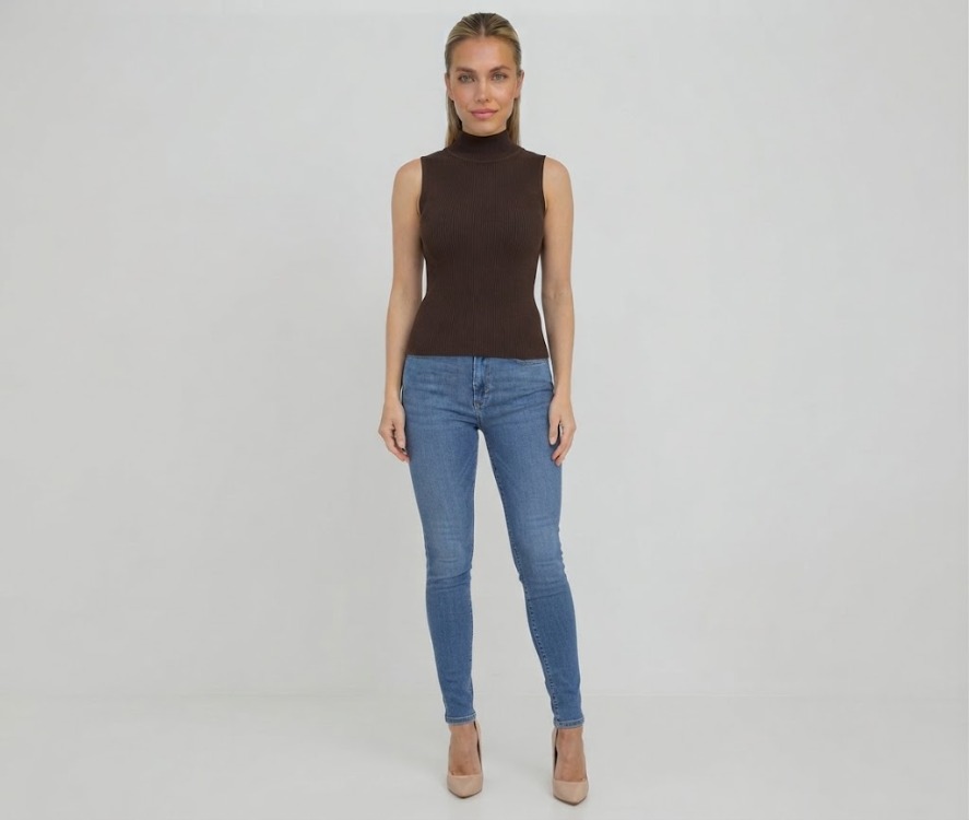Premium Fit Dik Yaka Modal Kumaş Kolsuz Kahverengi Body