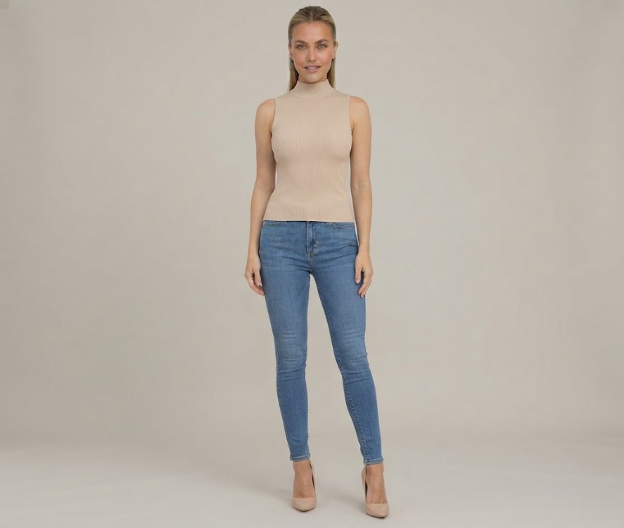 Premium Fit Dik Yaka Modal Kumaş Kolsuz Bej Body