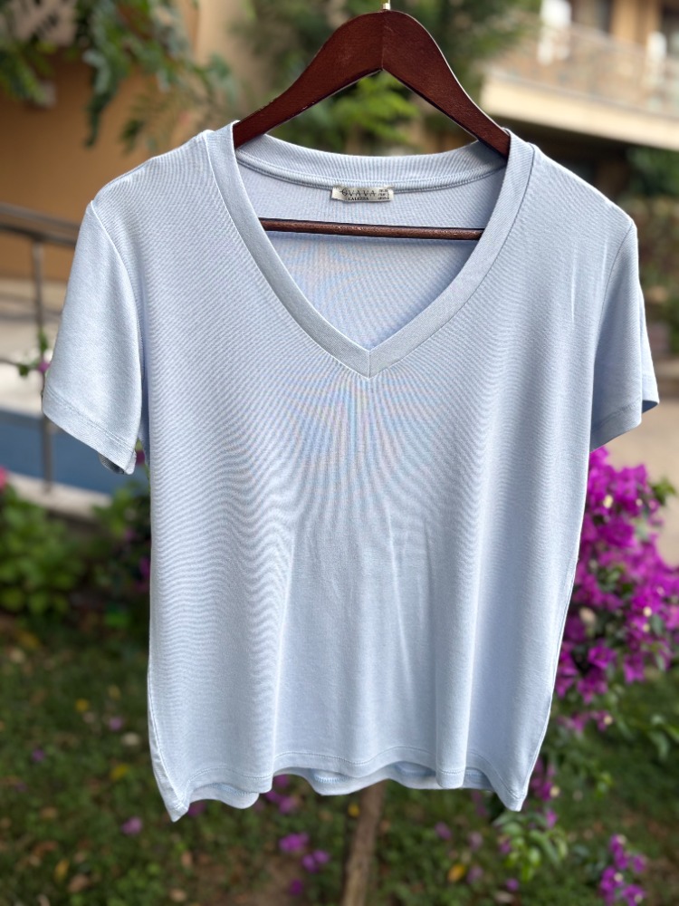 Premium Relax Fit V Yaka Tişört Açık Mavi