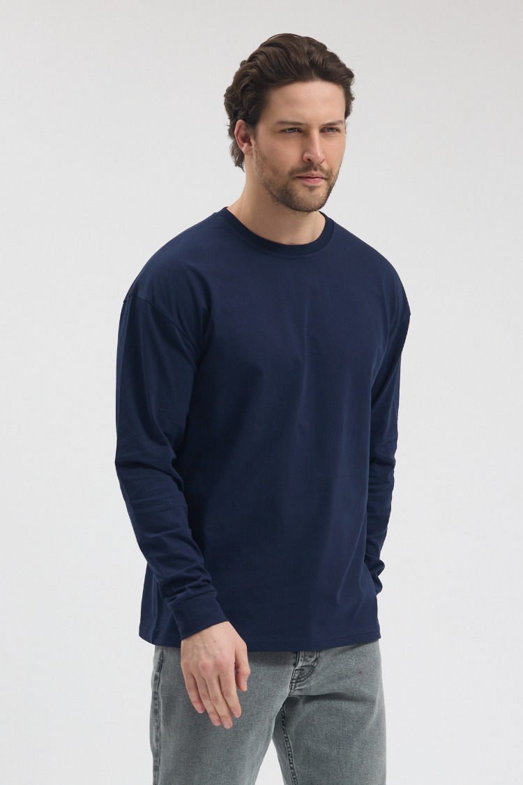 Premium Essential Lacivert Yarım Oversize Uzun Kollu Tişört