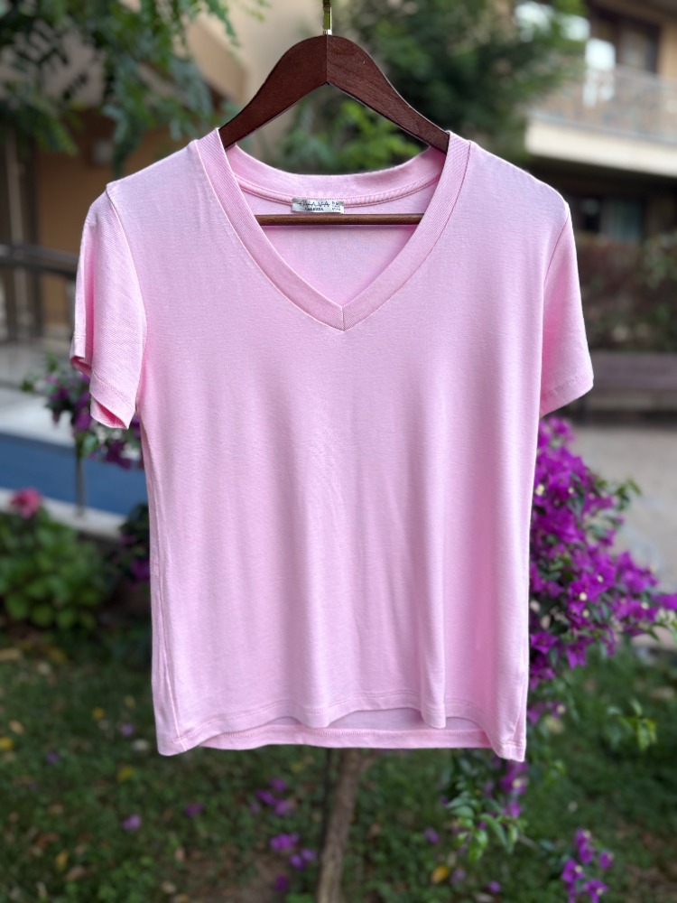 Premium Relax Fit V Yaka Tişört Pembe