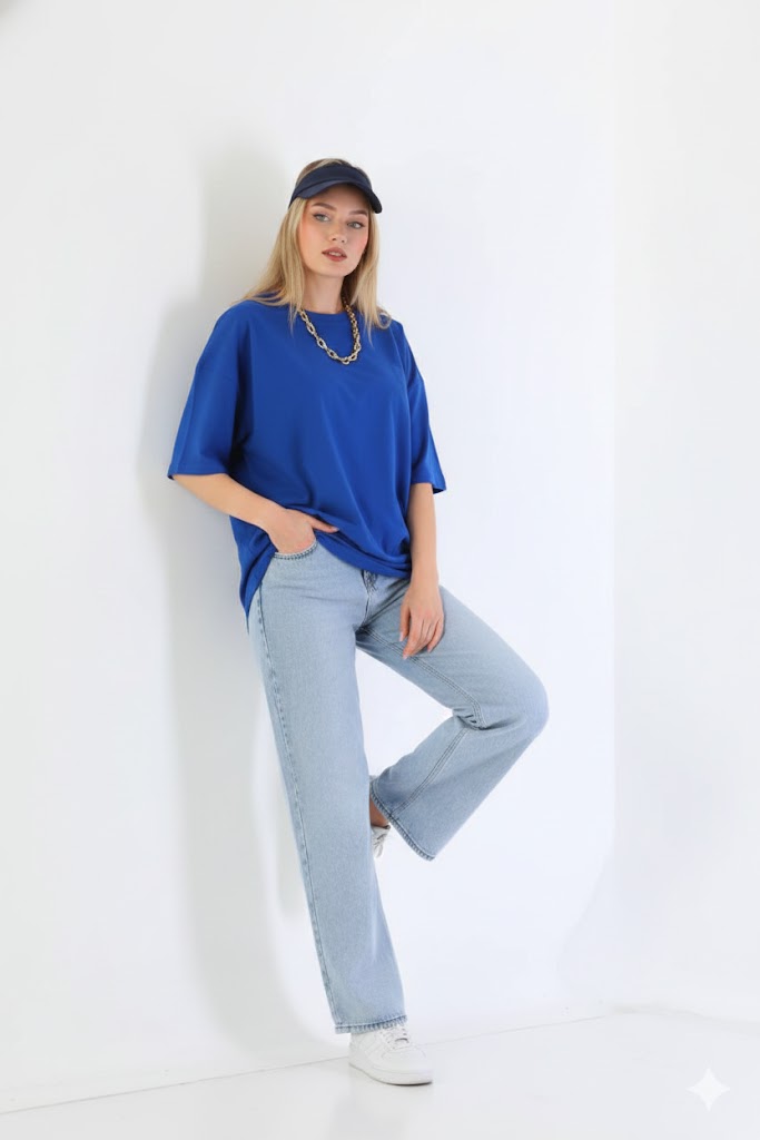 Premium Heavy Unisex Kobalt Mavi Oversize Tişört
