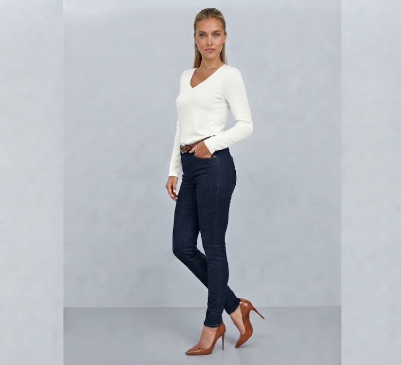 Premium Relax Fit V Yaka Uzun Kollu Tişört Ekru