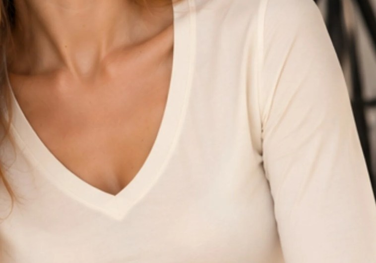 Premium Relax Fit V Yaka Uzun Kollu Tişört Ekru
